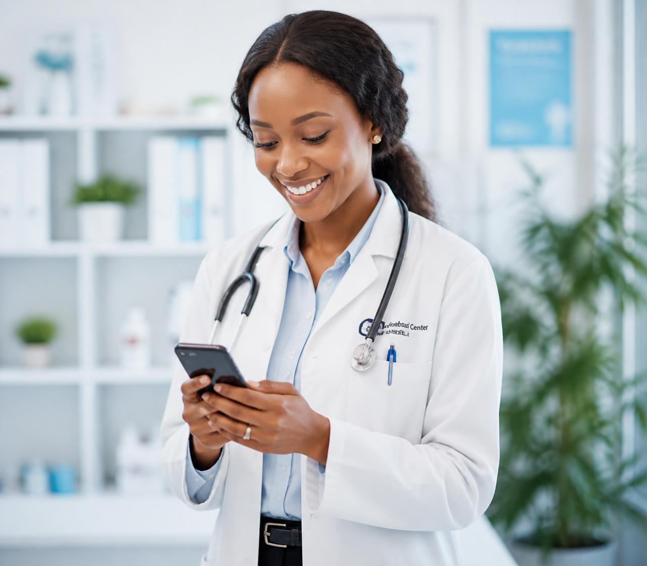 Doctor in a white coat using the Sabidoktor app on a smartphone in a bright clinic